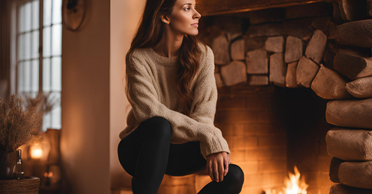 Une femme portant des leggings en velours noirs, des chaussettes hautes en laine, et une gaine sous un pull d'hiver confortable, assise près d'une cheminéee