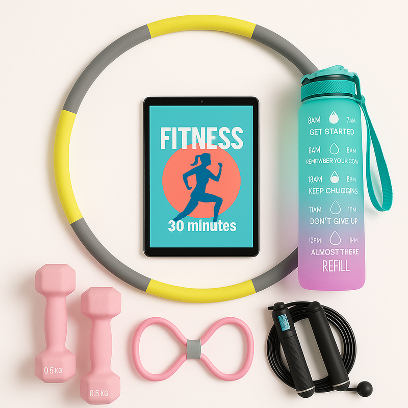 Pack Fitness Femme – Entraînement Complet à Domicile (Cerceau, Haltères, Corde, Bande)