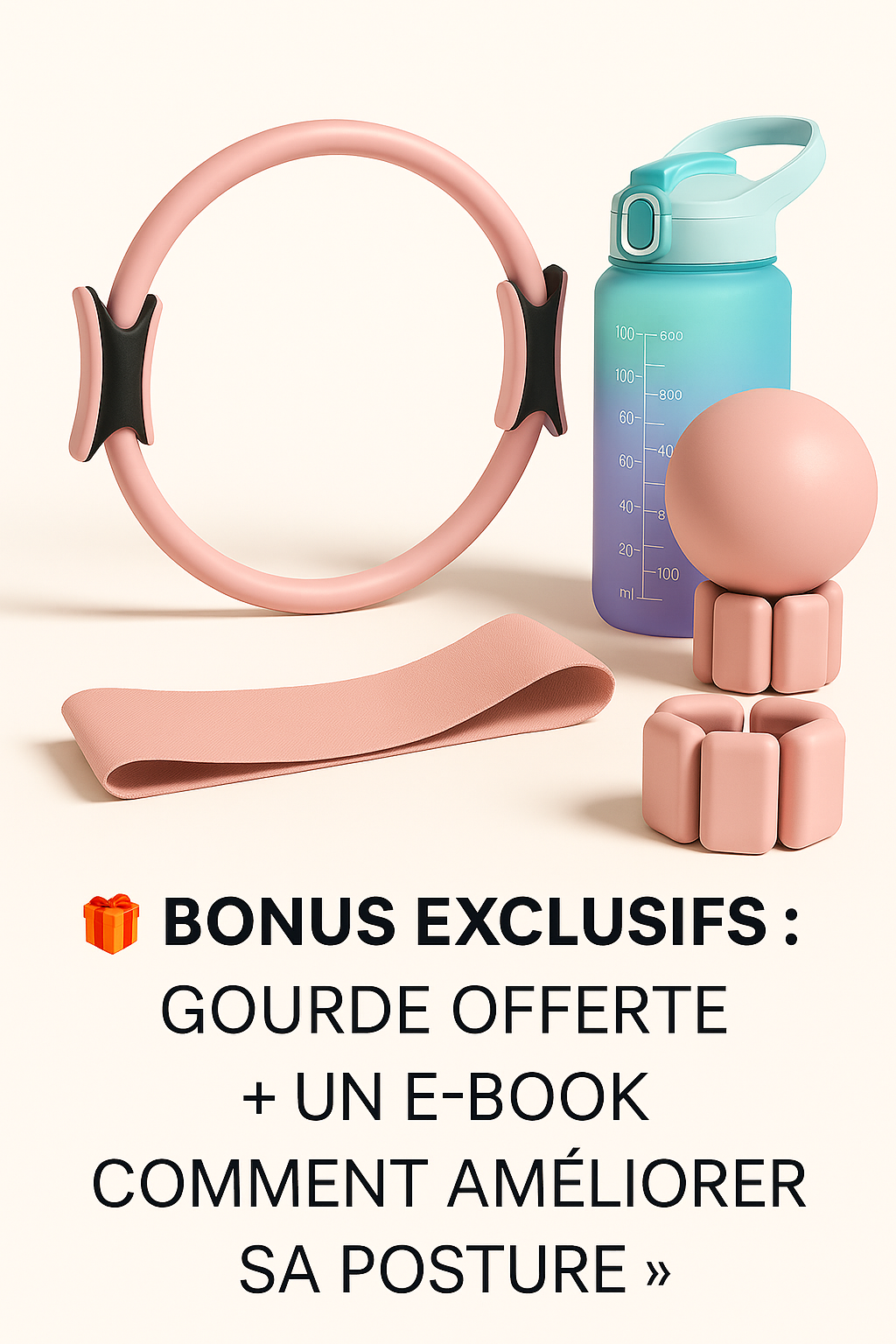 Pack Pilates 4-en-1 (Anneau, Balle, Bandes, Bracelets) + Gourde & E-book Offerts – Fitness à domicile