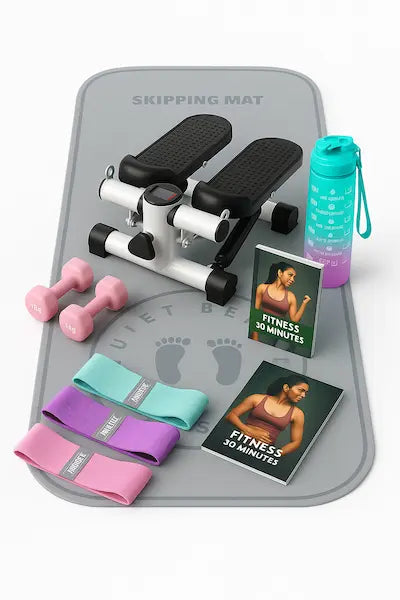 Pack Mini Stepper Femme – Cardio & Fessiers à domicile avec Tapis Antidérapant, Bandes, Haltères, Gourde & E-book| SBV Fitness