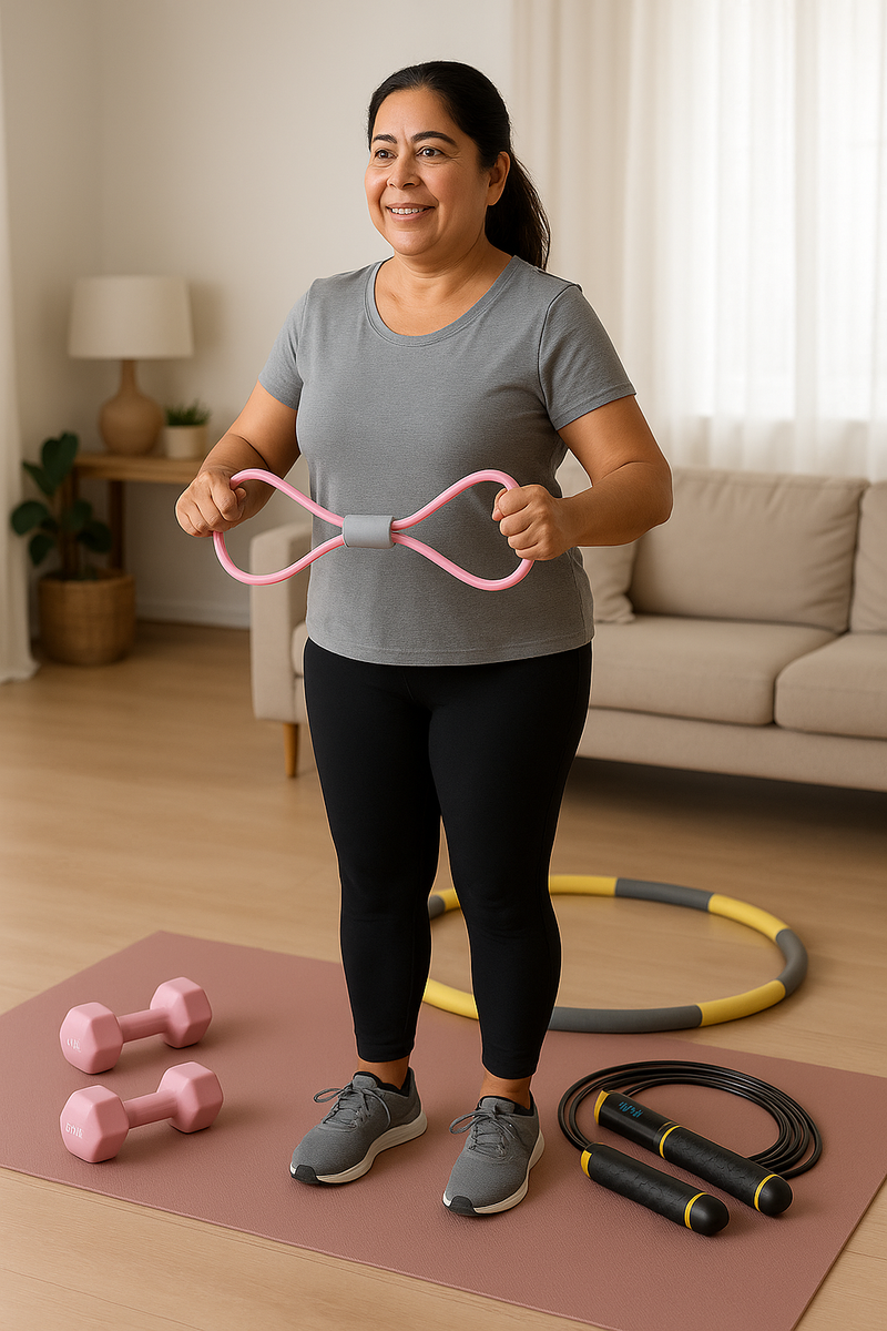 Pack Fitness Femme – Entraînement Complet à Domicile (Cerceau, Haltères, Corde, Bande)