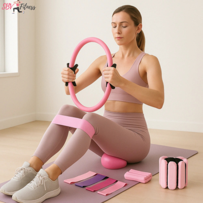 Pack Pilates 4 en 1 – Anneau, Balle, Bandes de Résistance, Bracelets Lestés | Fitness à Domicile