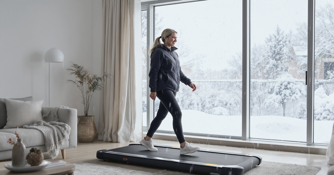 femme-marche-tapis-roulant-plat-maison-confort-malgre-neige-exterieur